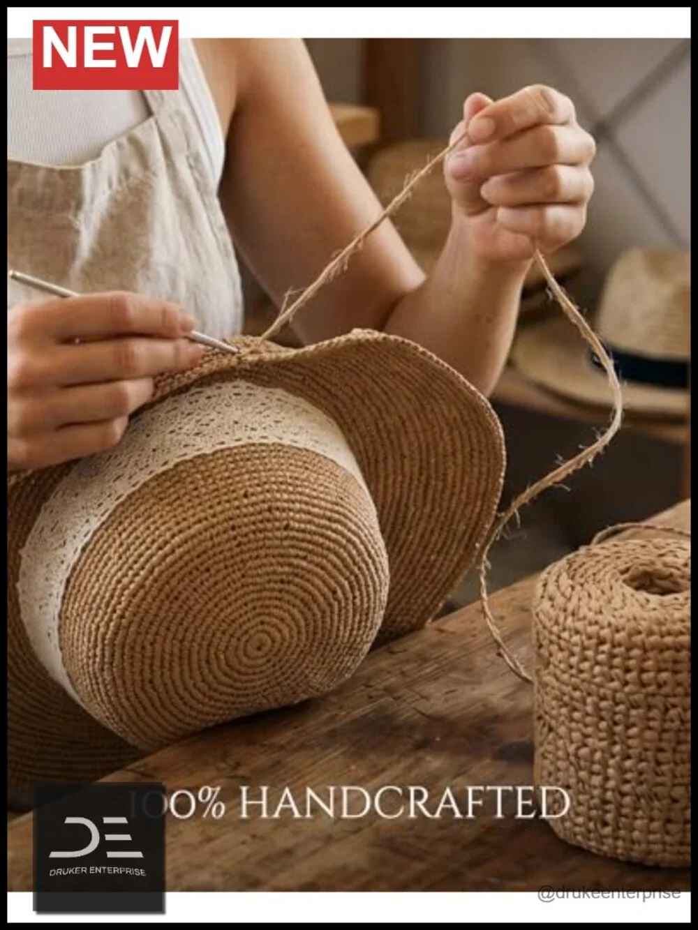 Handmade Raffia Straw Bucket Hat with Wide Brim and Adjustable Chin Strap